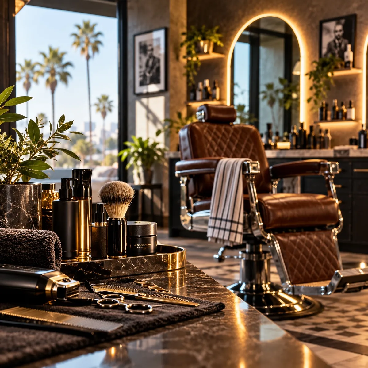 AI-generated concept image of a modern barbershop with a brown leather barber chair, a lit arched mirror, grooming products and tools on a marble counter, and palm trees outside the window.