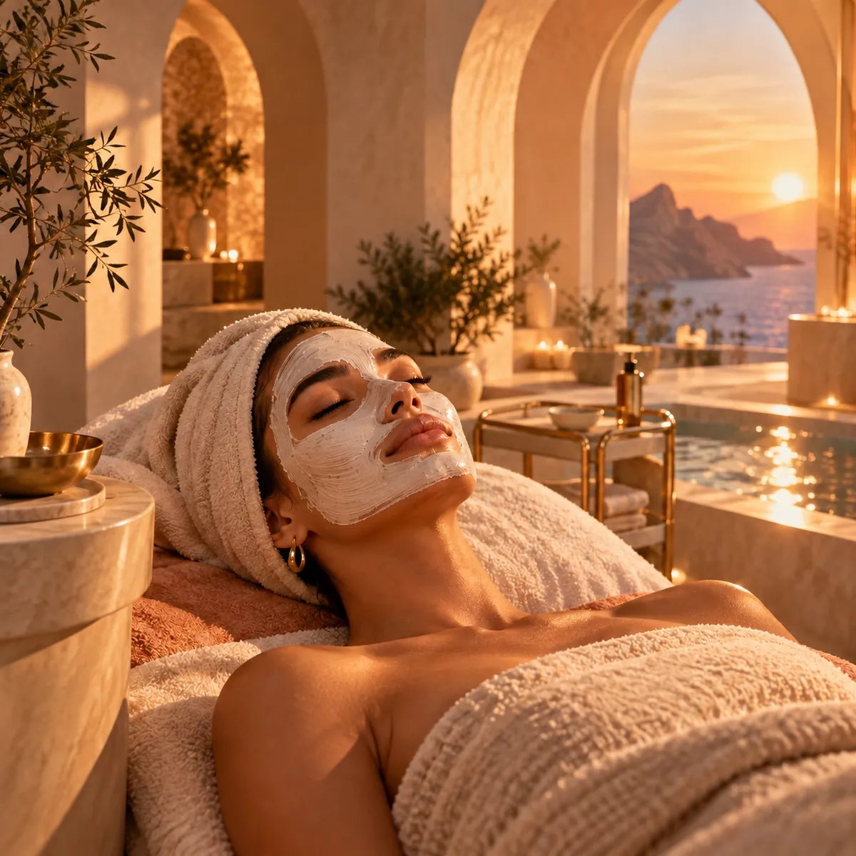 AI-generated concept image of a client relaxing during a facial, wearing a white face mask and a towel wrap, in a warm spa treatment room with arched windows and a sunset sea view.