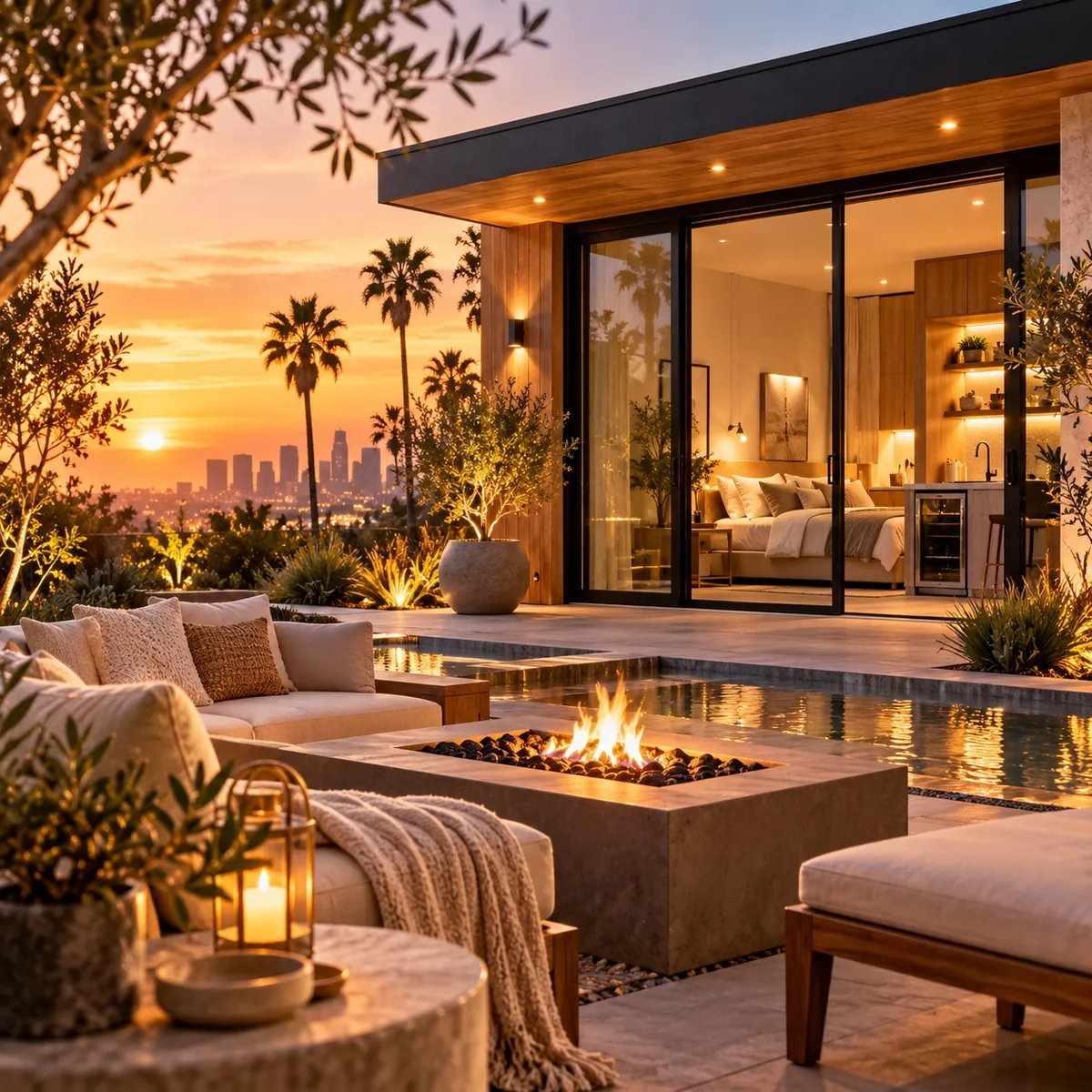 AI-generated concept image of a modern backyard guest house at sunset, with glass sliding doors opening onto a bedroom and kitchenette, a fire pit, lounge seating, a reflecting pool and a city skyline in the distance.