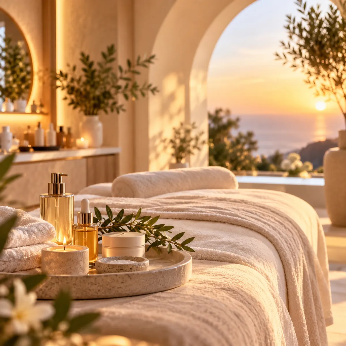 AI-generated concept image of a stone tray holding a pump bottle, a dropper serum bottle, a cream jar and a lit candle on a spa treatment bed in warm sunset light.