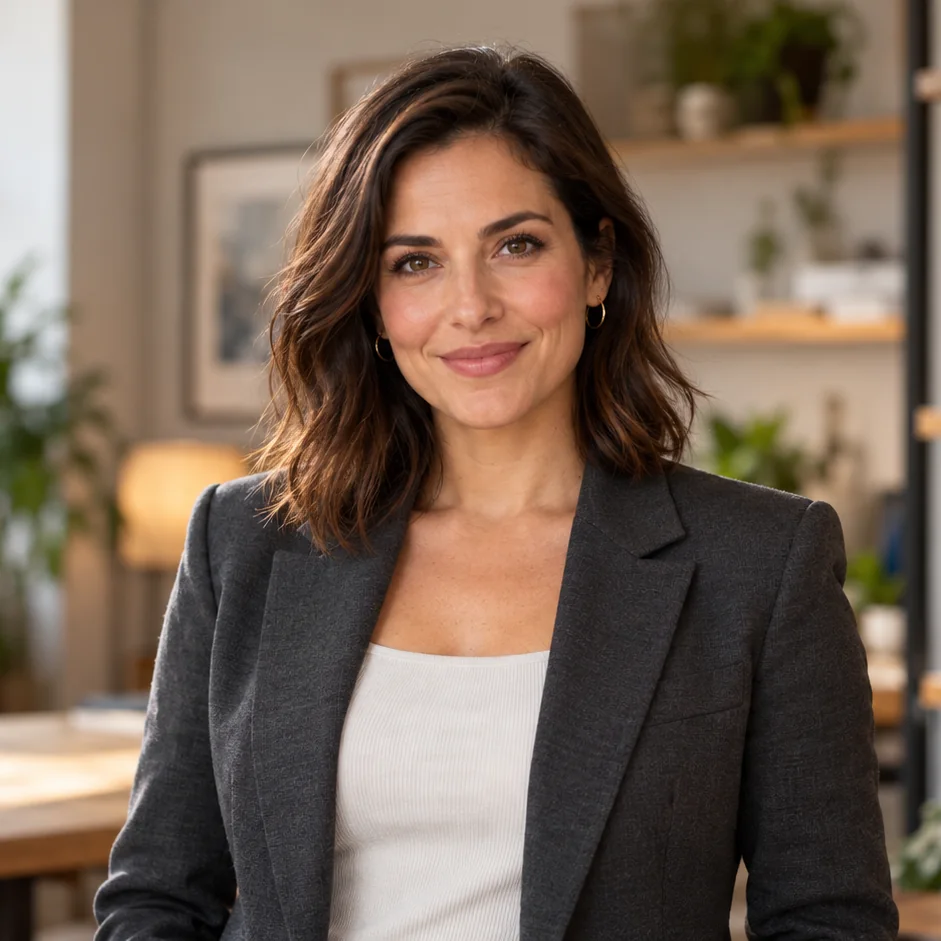 AI-generated concept image of a fictional professional woman in a charcoal blazer, smiling, in a bright modern workspace with plants and wooden shelves.