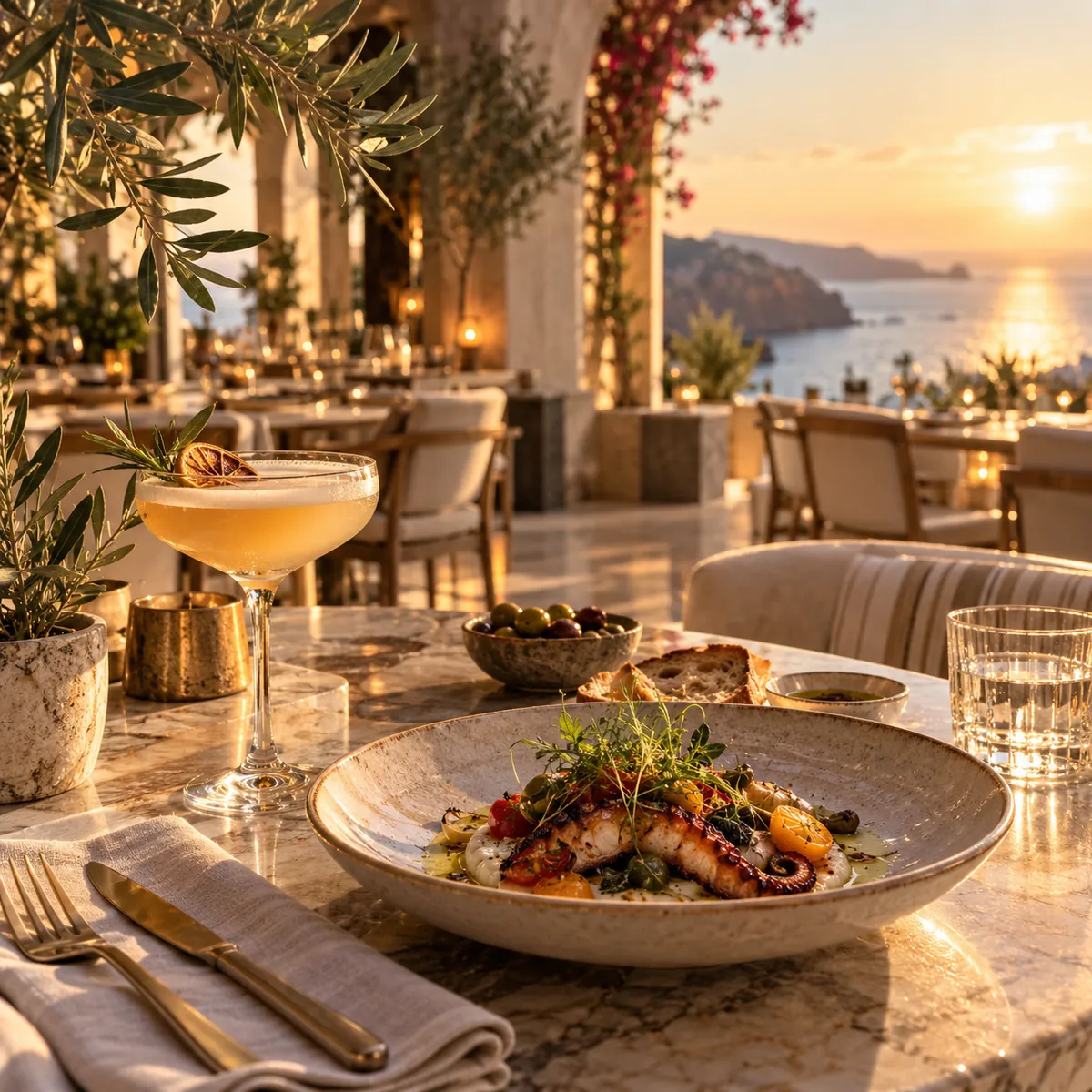 AI-generated concept image: an upscale seaside restaurant terrace at sunset, with a citrus-garnished cocktail, a grilled seafood dish, olives and bread on a marble table, and candlelit dining tables overlooking the sea.