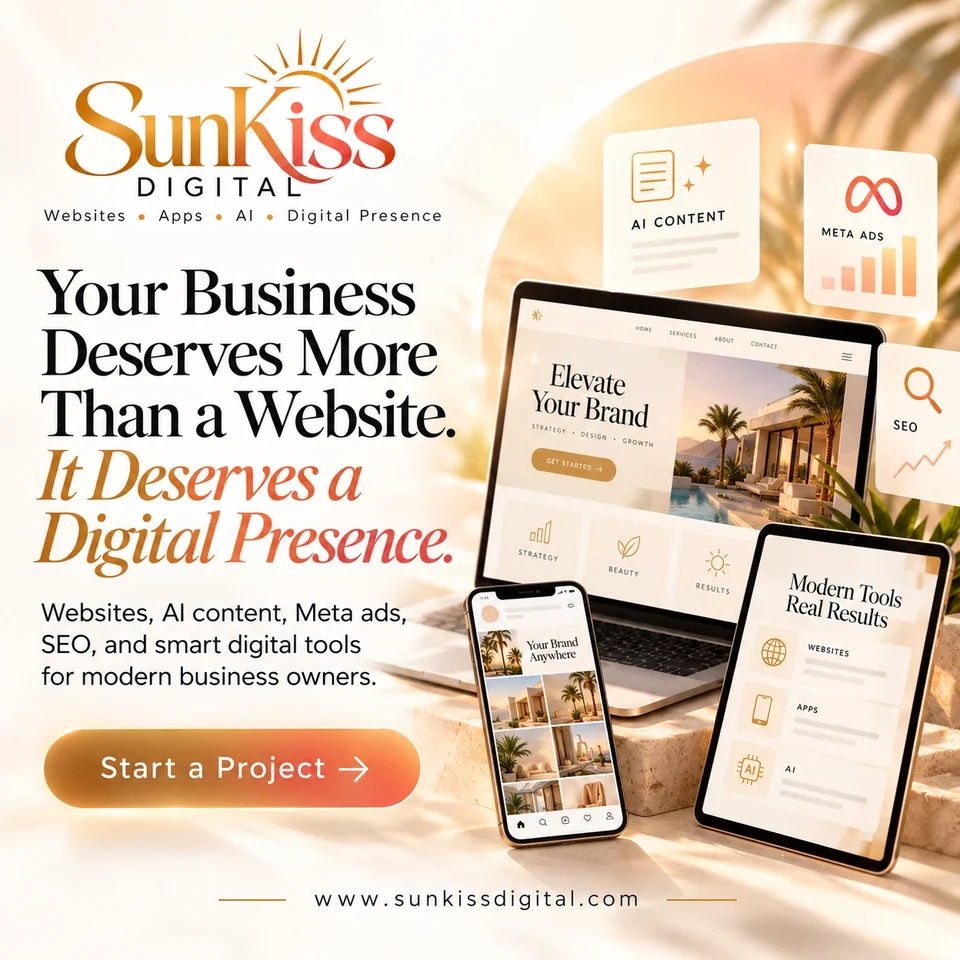 AI-generated SunKiss Digital campaign concept: a laptop, tablet and phone showing a branded website, with AI content, Meta ads and SEO cards and the headline “Your Business Deserves More Than a Website.”