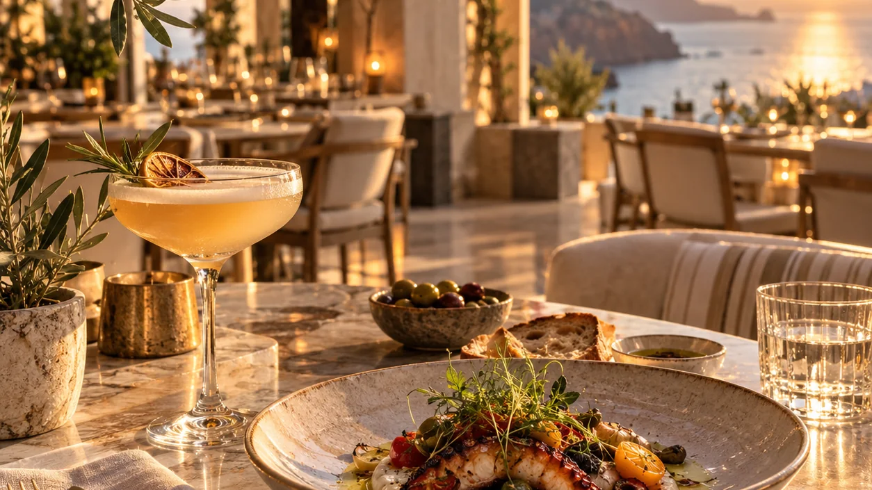 AI-generated concept image of an upscale seaside restaurant terrace at sunset, with a citrus-garnished cocktail and a plated seafood dish on a marble table, candlelit tables and the sea in the background.
